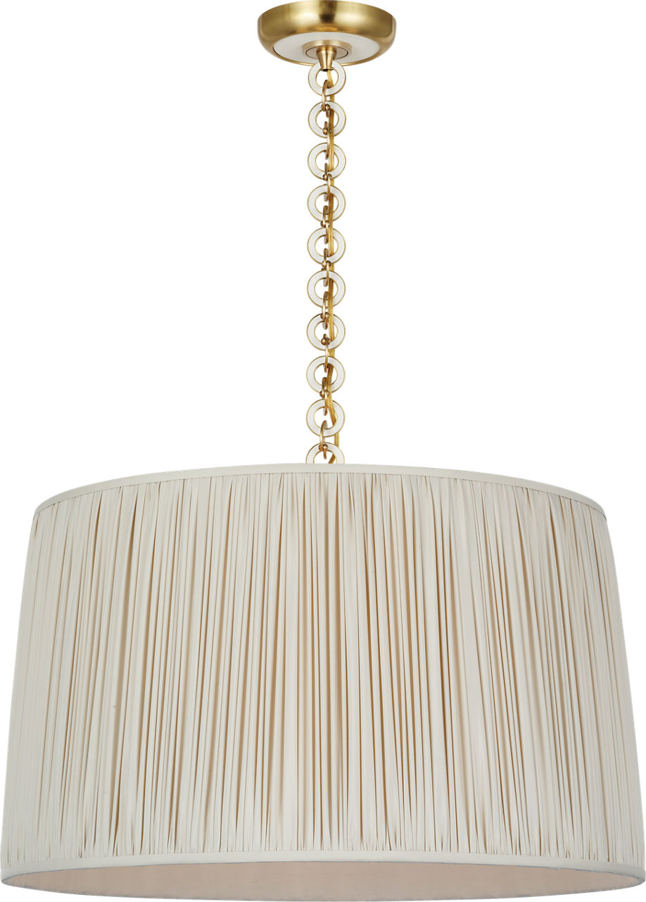 Evelyn 25" Hanging Shade | Hand-Rubbed Antique Brass and White Oak | Champagne Silk Pleated Shade