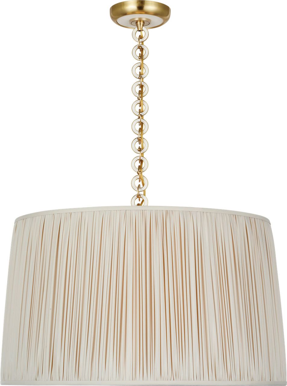 Evelyn 25" Hanging Shade | Hand-Rubbed Antique Brass and White Oak | Champagne Silk Pleated Shade