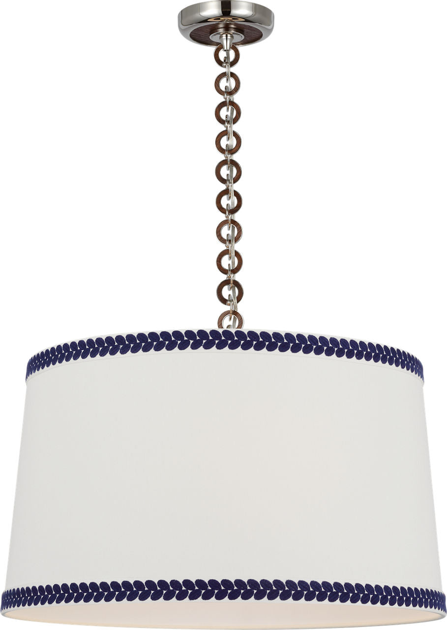 Evelyn 25" Hanging Shade | Polished Nickel and Natural Oak | Linen Shade and Schumacher Blue Berkeley Tape