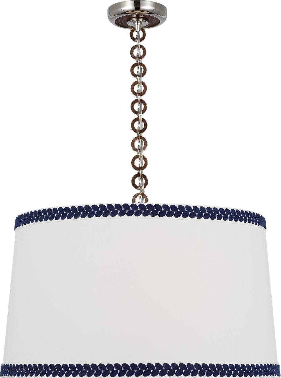 Evelyn 25" Hanging Shade | Polished Nickel and Natural Oak | Linen Shade and Schumacher Blue Berkeley Tape