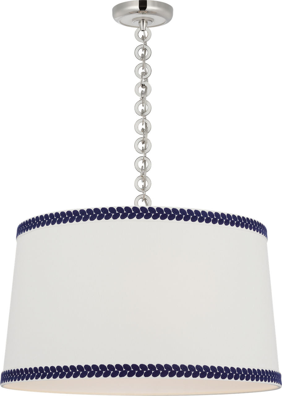 Evelyn 25" Hanging Shade | Polished Nickel and White Oak | Linen Shade and Schumacher Blue Berkeley Tape