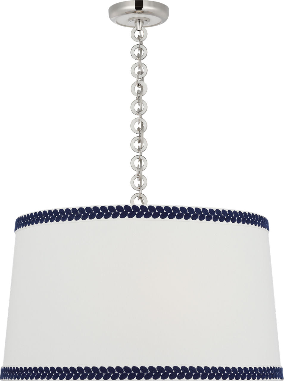 Evelyn 25" Hanging Shade | Polished Nickel and White Oak | Linen Shade and Schumacher Blue Berkeley Tape