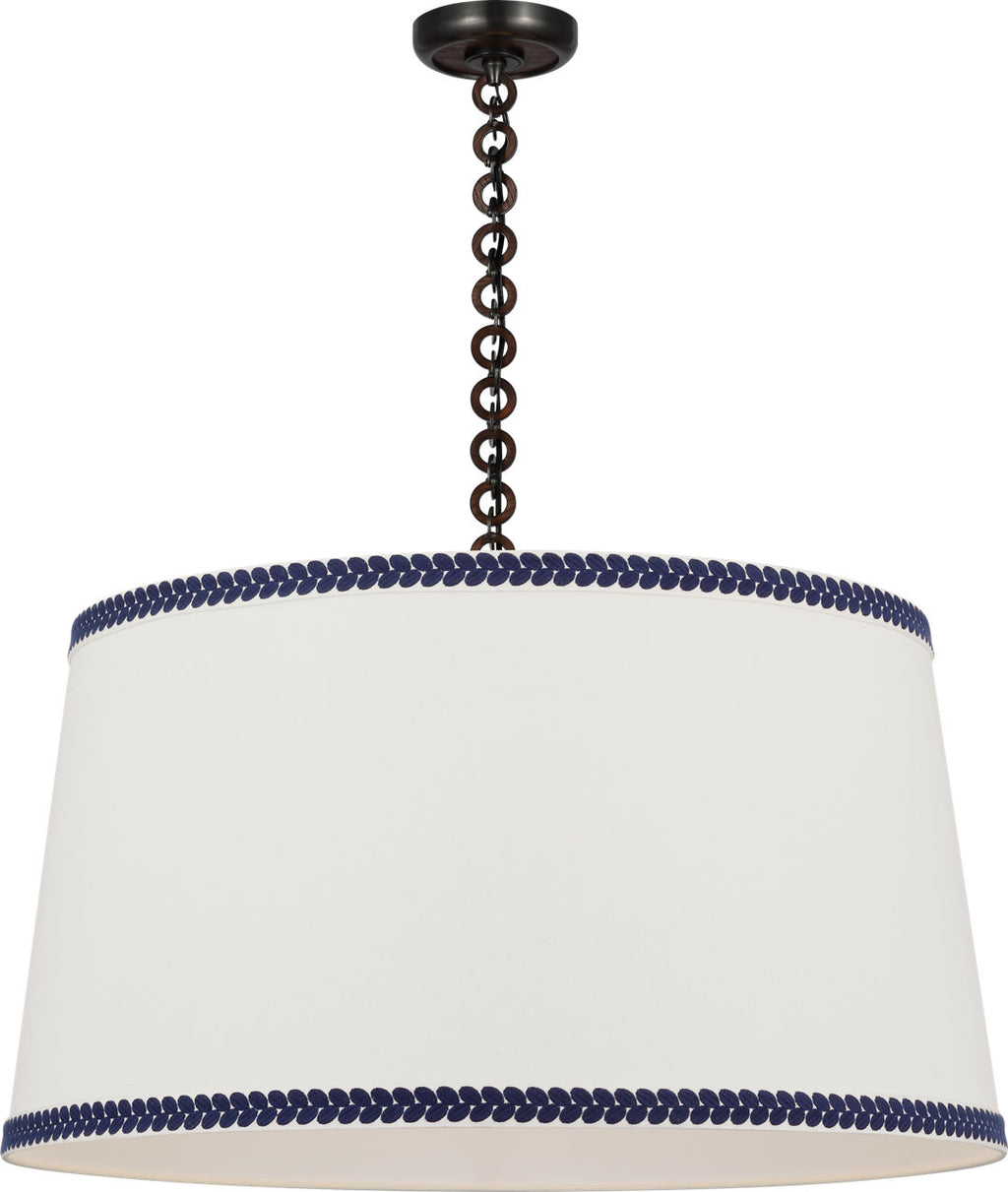 Evelyn 33" Hanging Shade | Bronze and Natural Oak | Linen Shade and Schumacher Blue Berkeley Tape