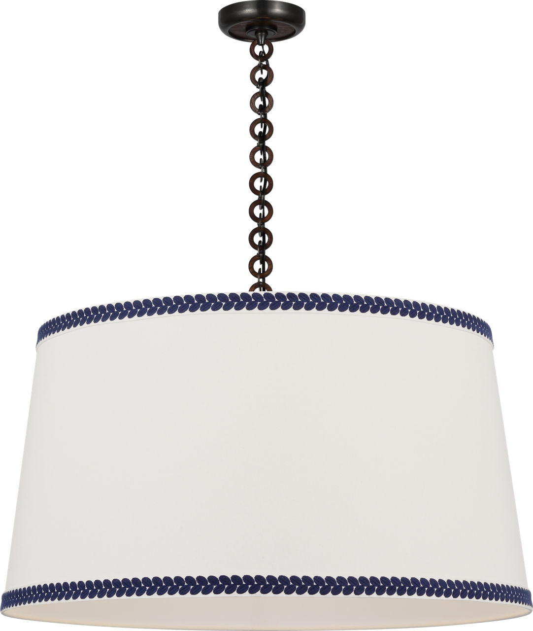 Evelyn 33" Hanging Shade | Bronze and Natural Oak | Linen Shade and Schumacher Blue Berkeley Tape