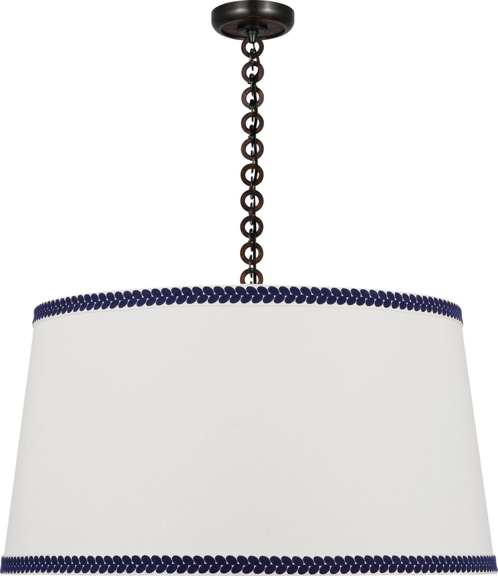 Evelyn 33" Hanging Shade | Bronze and Natural Oak | Linen Shade and Schumacher Blue Berkeley Tape