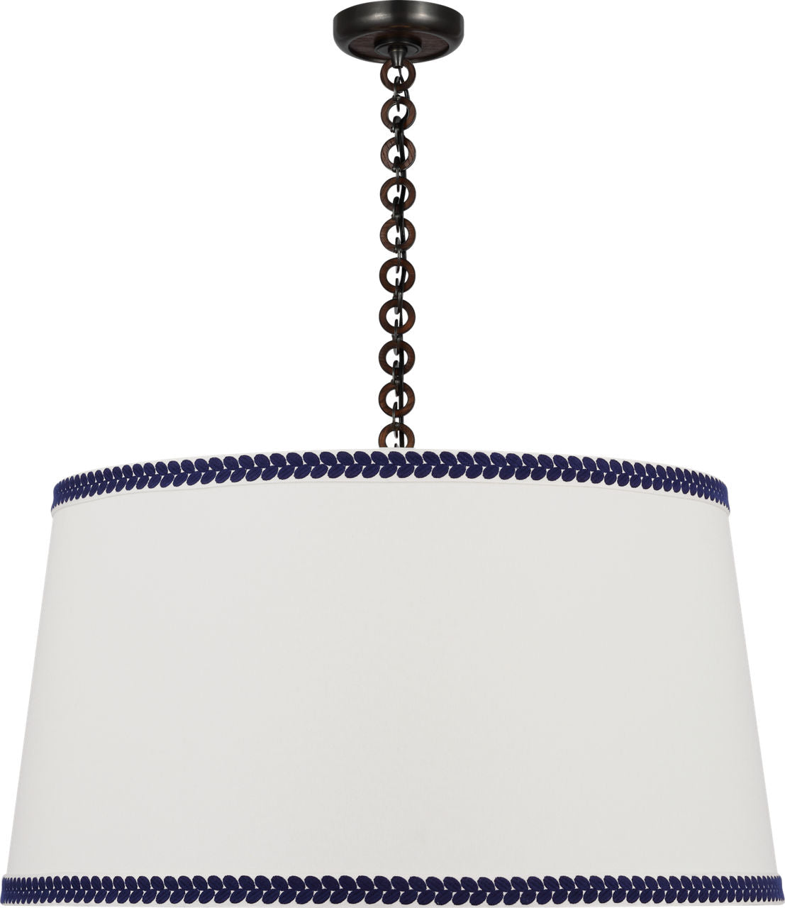 Evelyn 33" Hanging Shade | Bronze and Natural Oak | Linen Shade and Schumacher Blue Berkeley Tape