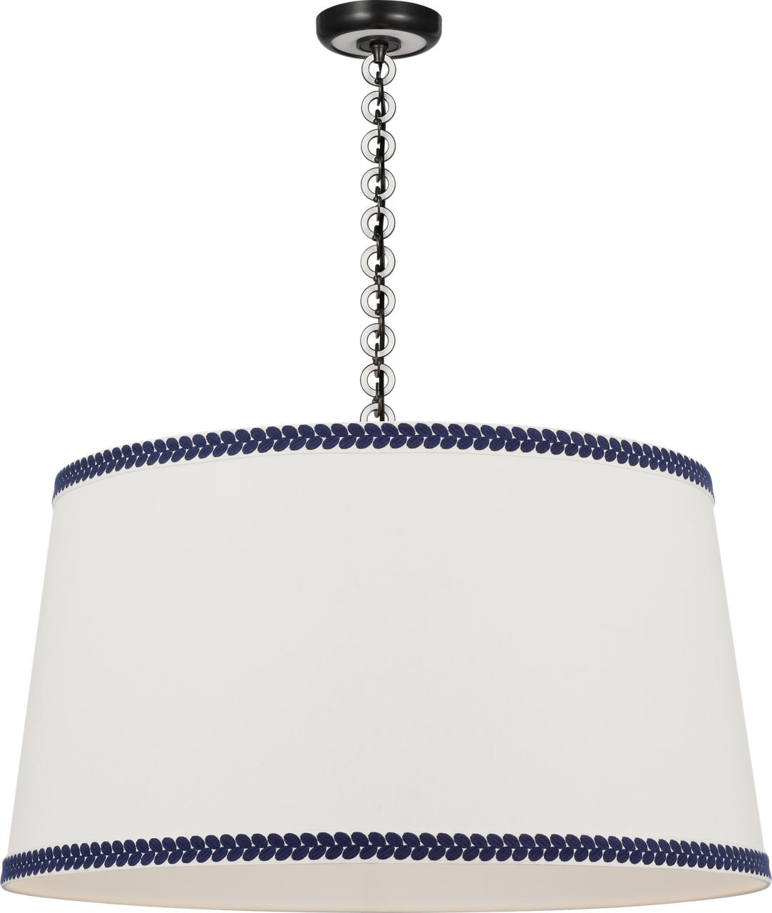 Evelyn 33" Hanging Shade | Bronze and White Oak | Linen Shade and Schumacher Blue Berkeley Tape