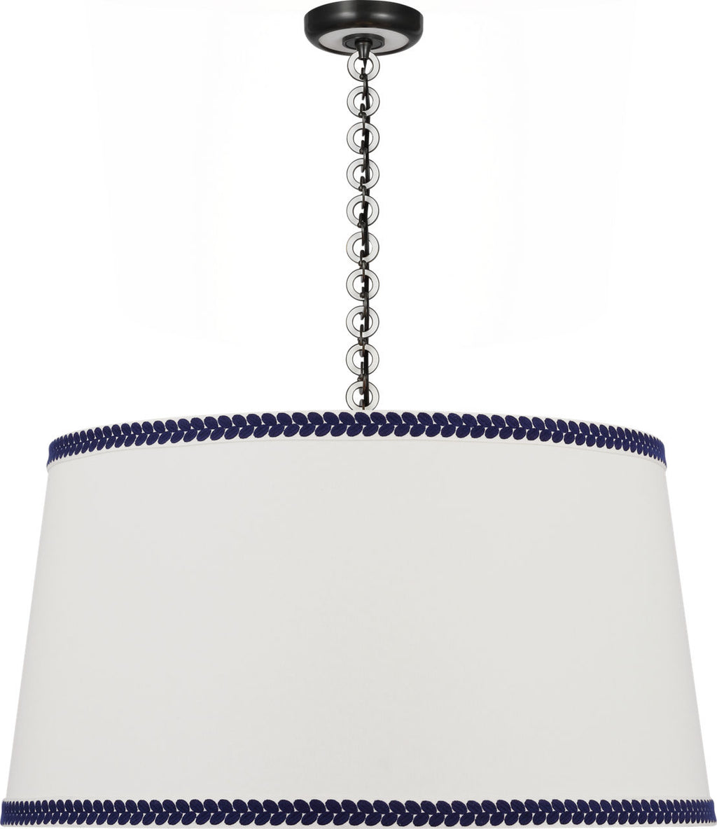 Evelyn 33" Hanging Shade | Bronze and White Oak | Linen Shade and Schumacher Blue Berkeley Tape