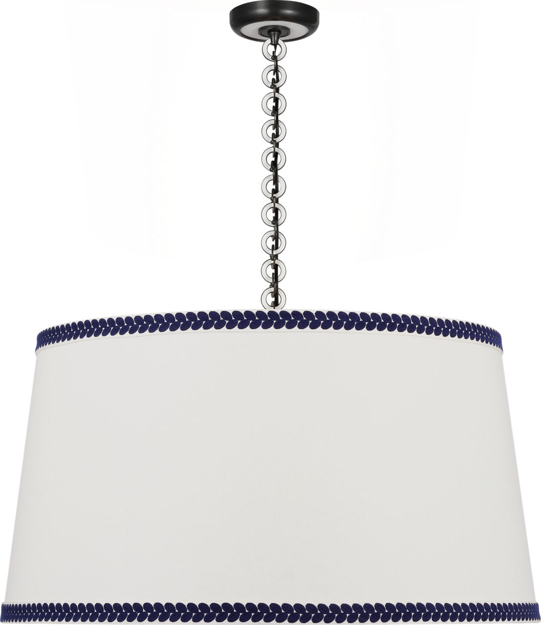 Evelyn 33" Hanging Shade | Bronze and White Oak | Linen Shade and Schumacher Blue Berkeley Tape