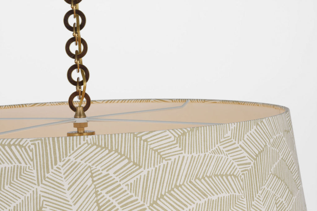 Evelyn 33" Hanging Shade | Hand-Rubbed Antique Brass and Natural Oak | Schumacher Taupe Abstract Leaf Shade