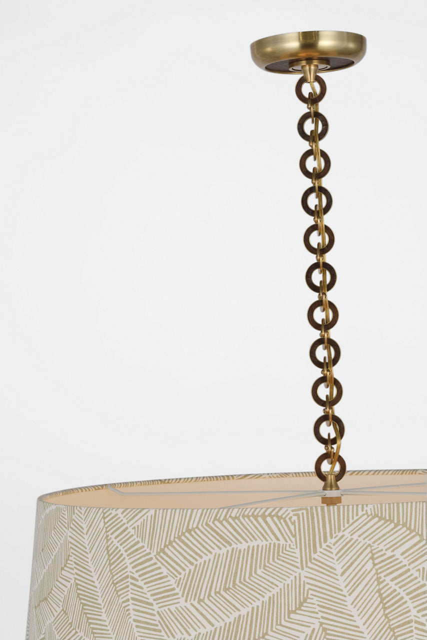 Evelyn 33" Hanging Shade | Hand-Rubbed Antique Brass and Natural Oak | Schumacher Taupe Abstract Leaf Shade