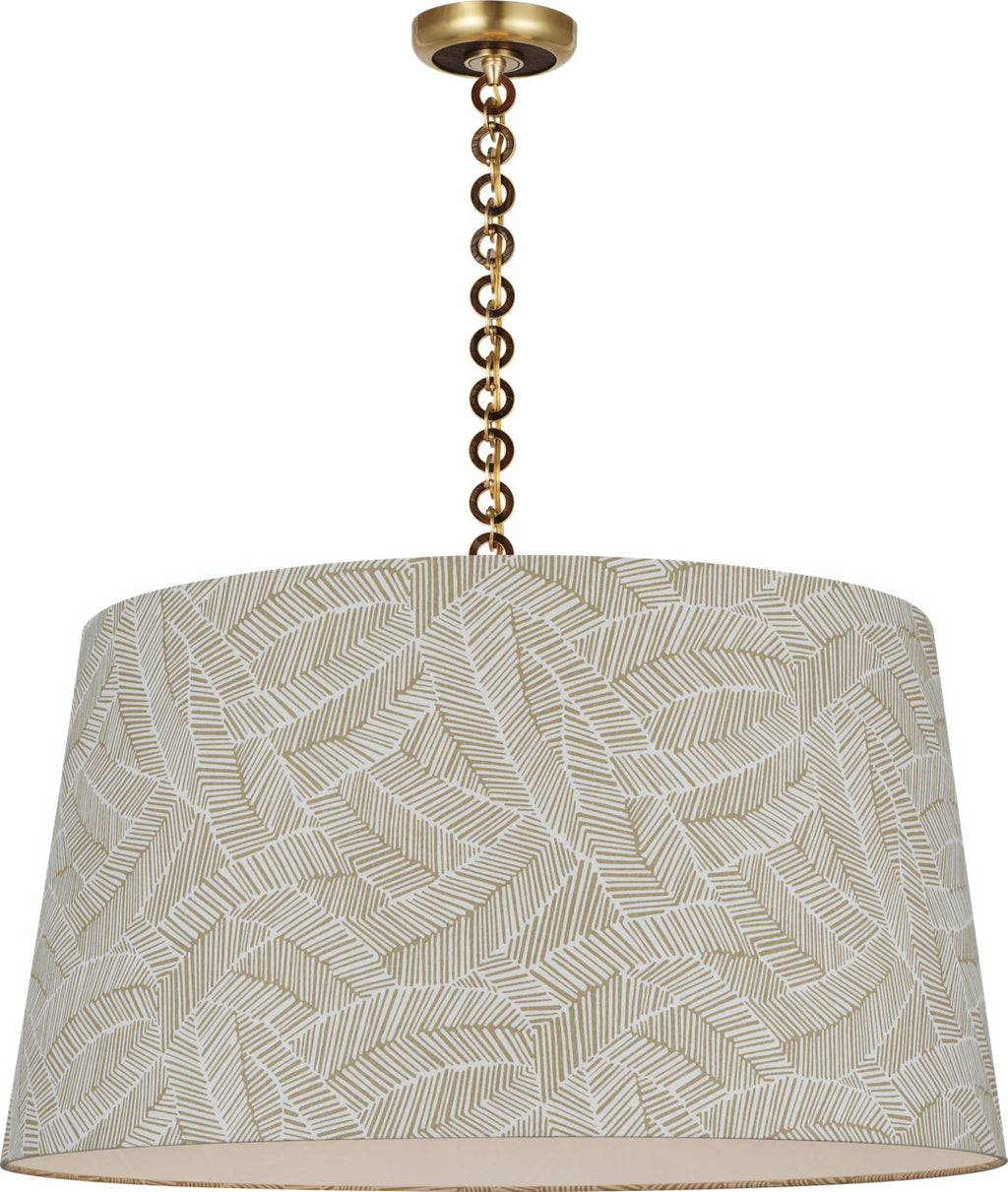 Evelyn 33" Hanging Shade | Hand-Rubbed Antique Brass and Natural Oak | Schumacher Taupe Abstract Leaf Shade