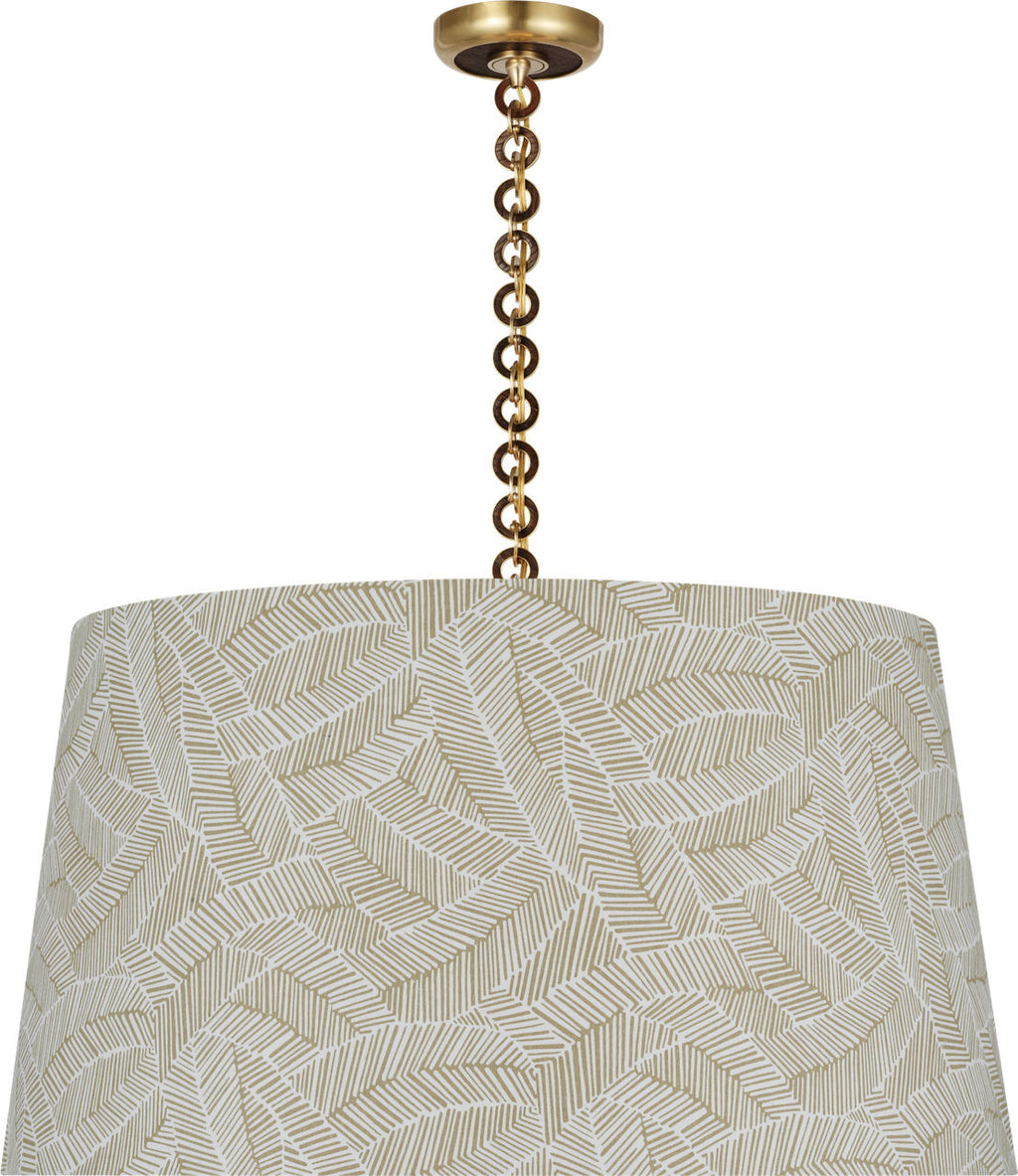 Evelyn 33" Hanging Shade | Hand-Rubbed Antique Brass and Natural Oak | Schumacher Taupe Abstract Leaf Shade