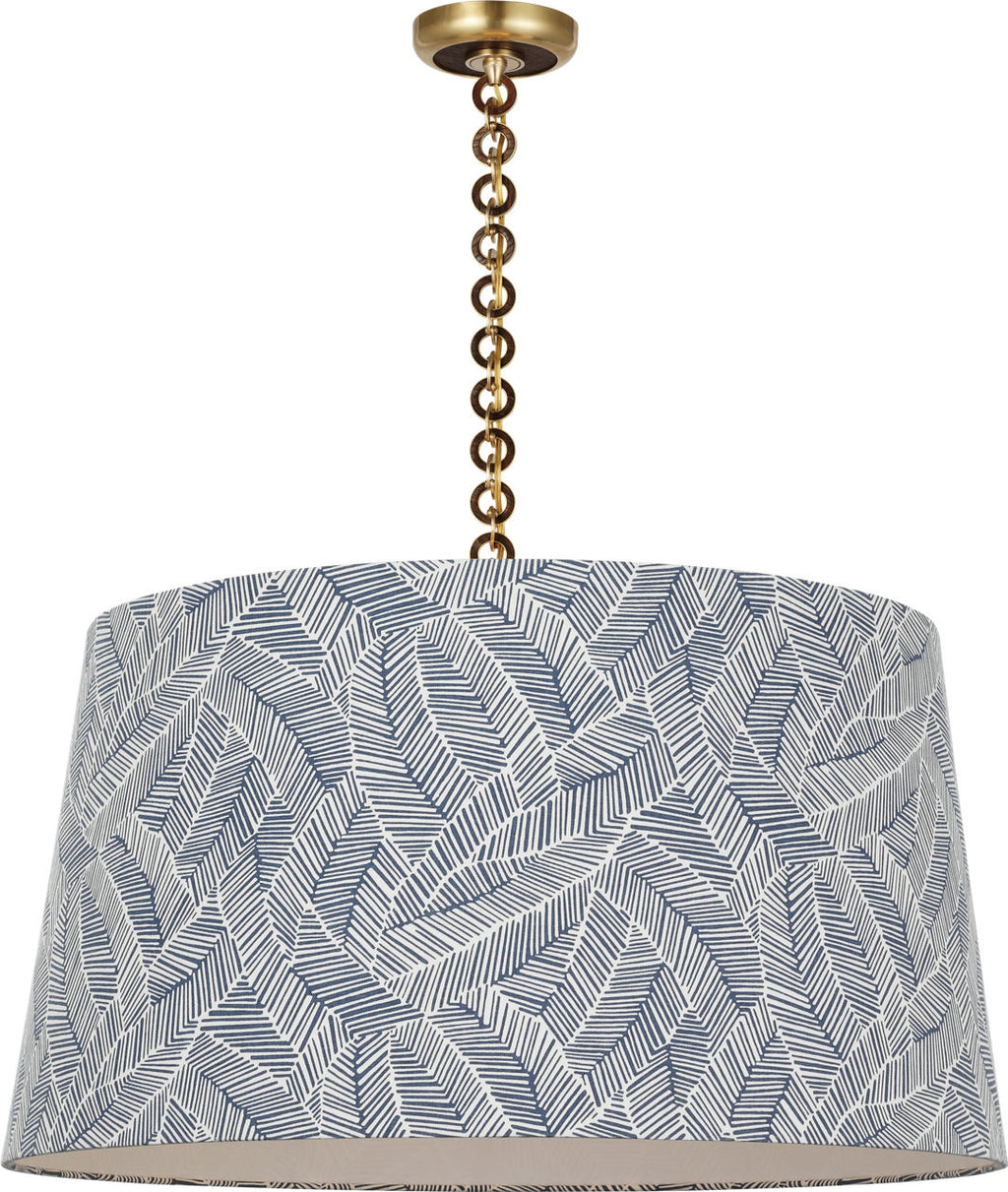 Evelyn 33" Hanging Shade | Hand-Rubbed Antique Brass and Natural Oak | Schumacher Navy Abstract Leaf Shade