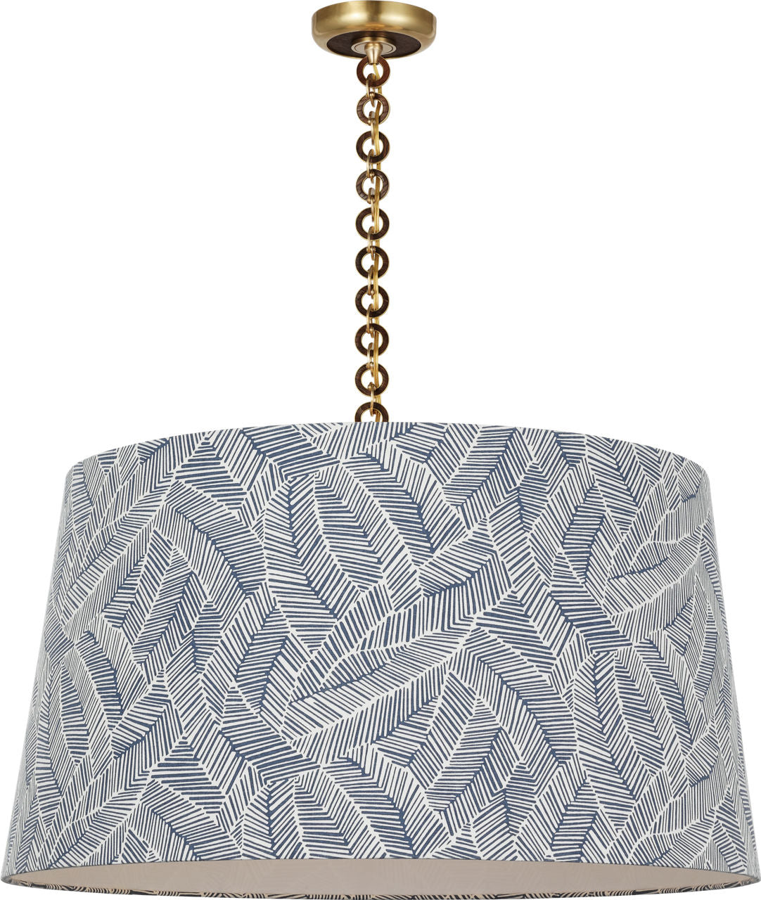 Evelyn 33" Hanging Shade | Hand-Rubbed Antique Brass and Natural Oak | Schumacher Navy Abstract Leaf Shade