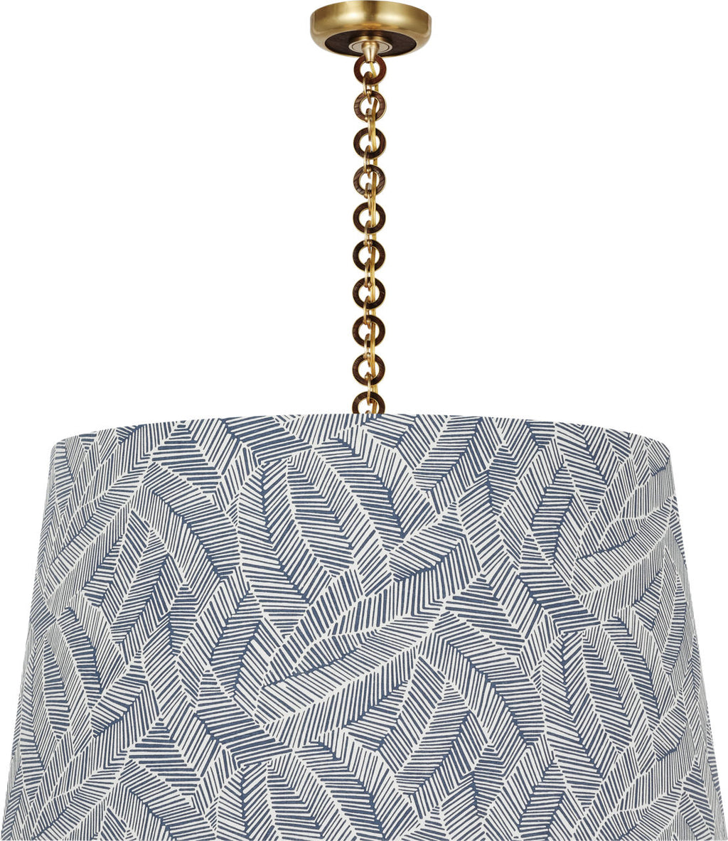 Evelyn 33" Hanging Shade | Hand-Rubbed Antique Brass and Natural Oak | Schumacher Navy Abstract Leaf Shade