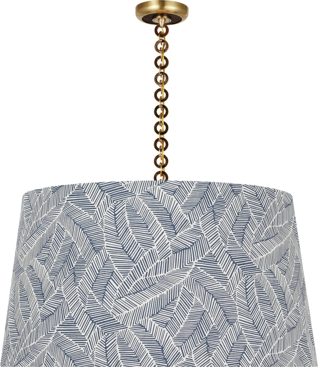 Evelyn 33" Hanging Shade | Hand-Rubbed Antique Brass and Natural Oak | Schumacher Navy Abstract Leaf Shade