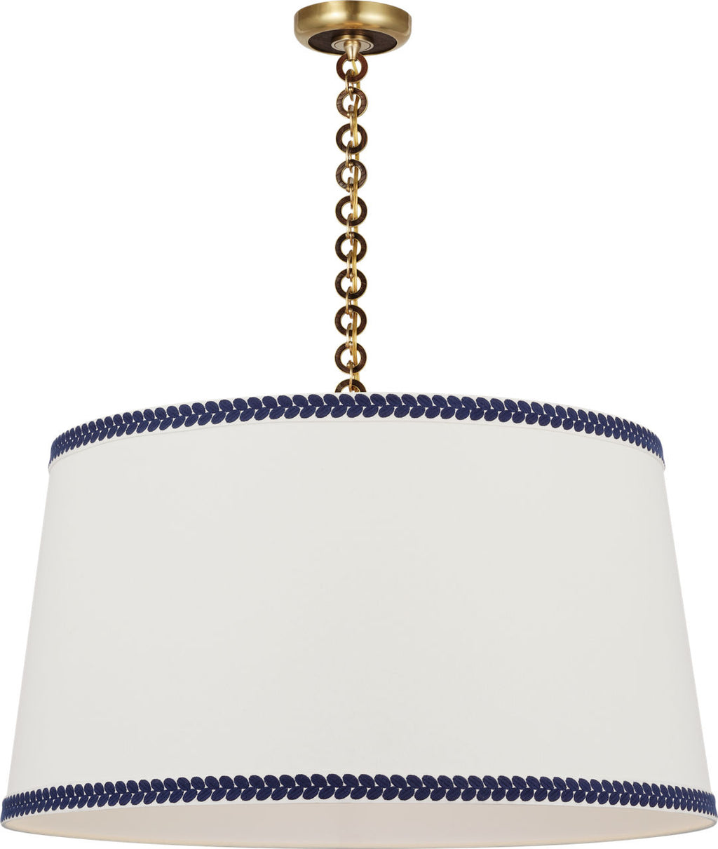 Evelyn 33" Hanging Shade | Hand-Rubbed Antique Brass and Natural Oak | Linen Shade and Schumacher Blue Berkeley Tape