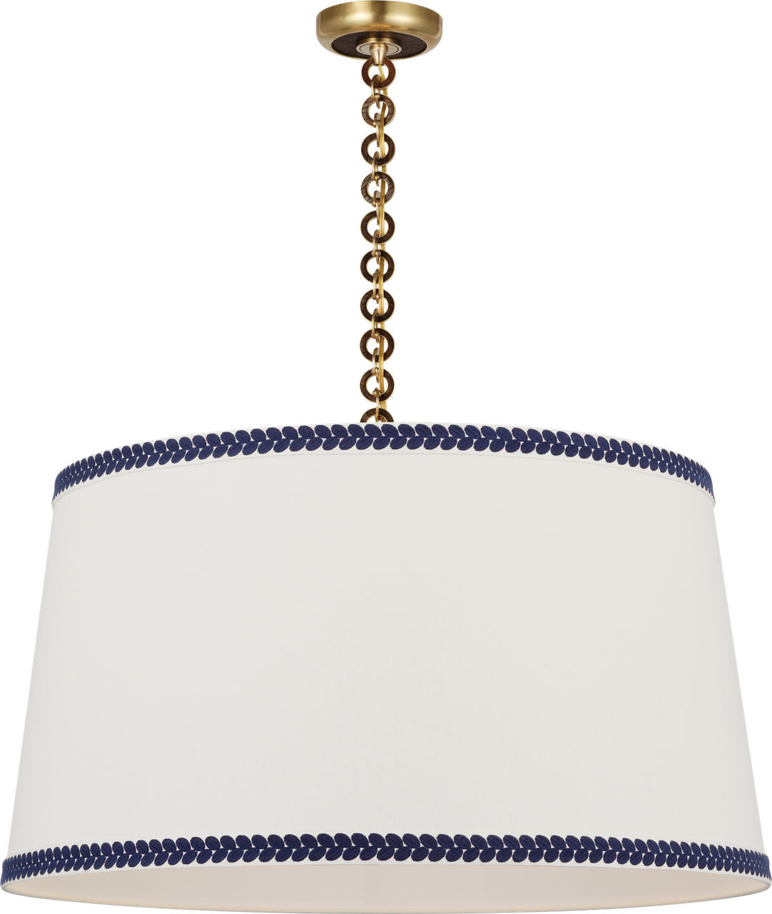 Evelyn 33" Hanging Shade | Hand-Rubbed Antique Brass and Natural Oak | Linen Shade and Schumacher Blue Berkeley Tape