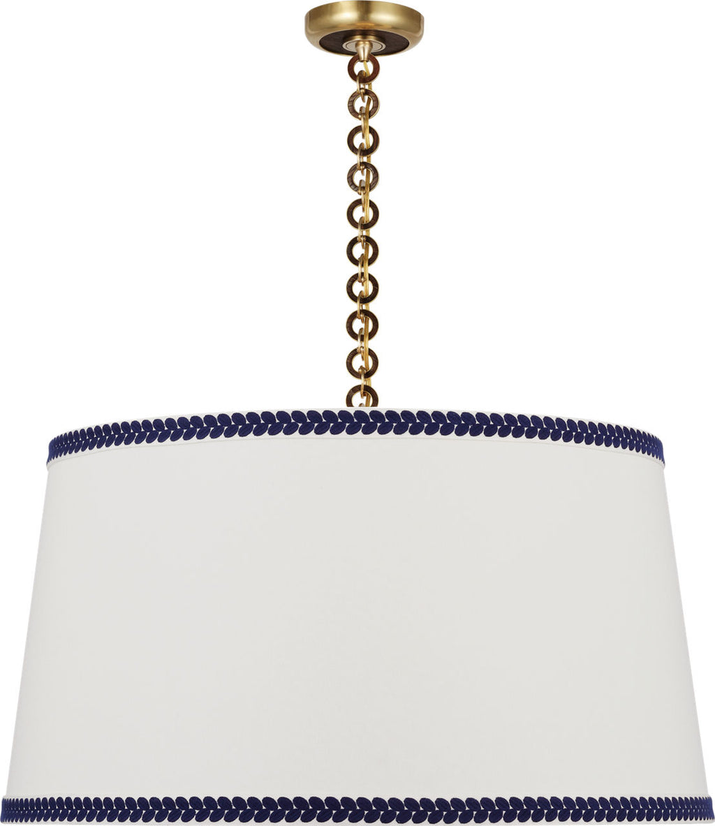 Evelyn 33" Hanging Shade | Hand-Rubbed Antique Brass and Natural Oak | Linen Shade and Schumacher Blue Berkeley Tape