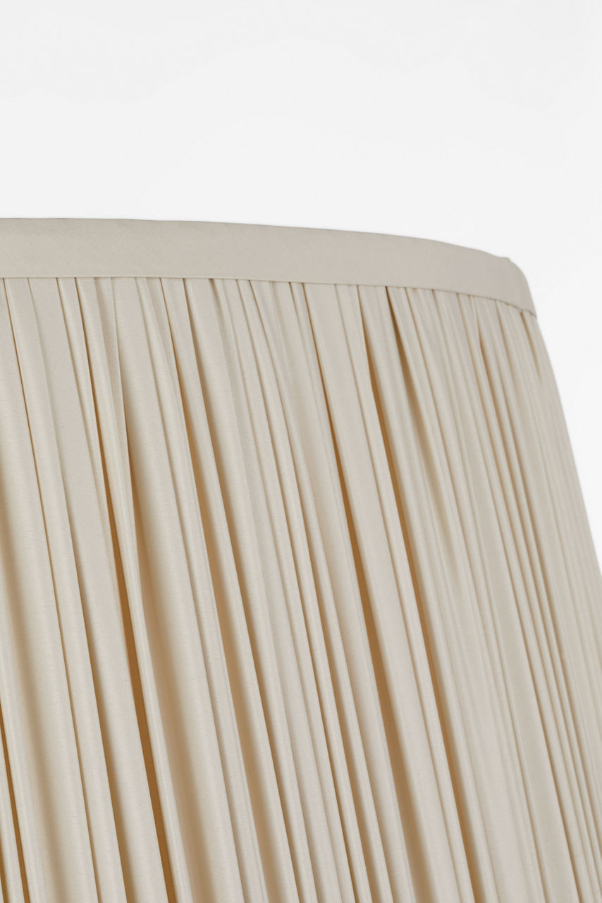 Evelyn 33" Hanging Shade | Hand-Rubbed Antique Brass and Natural Oak | Champagne Silk Pleated Shade