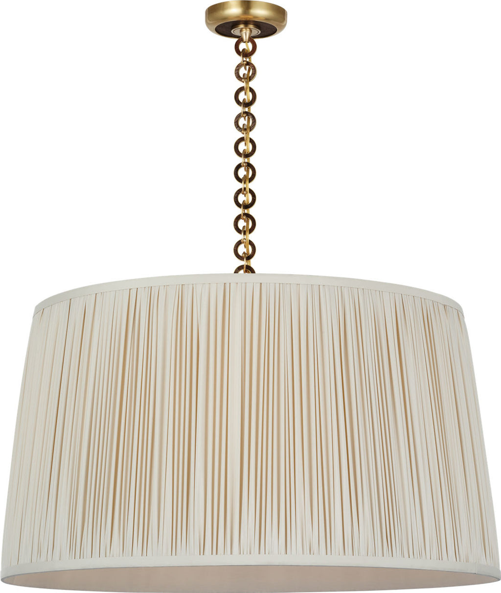Evelyn 33" Hanging Shade | Hand-Rubbed Antique Brass and Natural Oak | Champagne Silk Pleated Shade