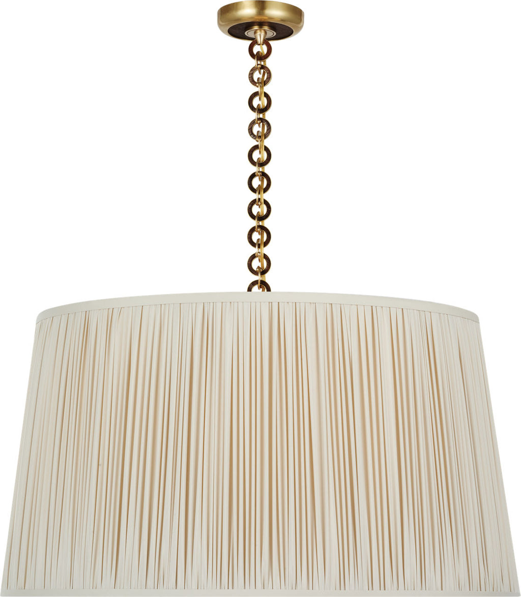 Evelyn 33" Hanging Shade | Hand-Rubbed Antique Brass and Natural Oak | Champagne Silk Pleated Shade