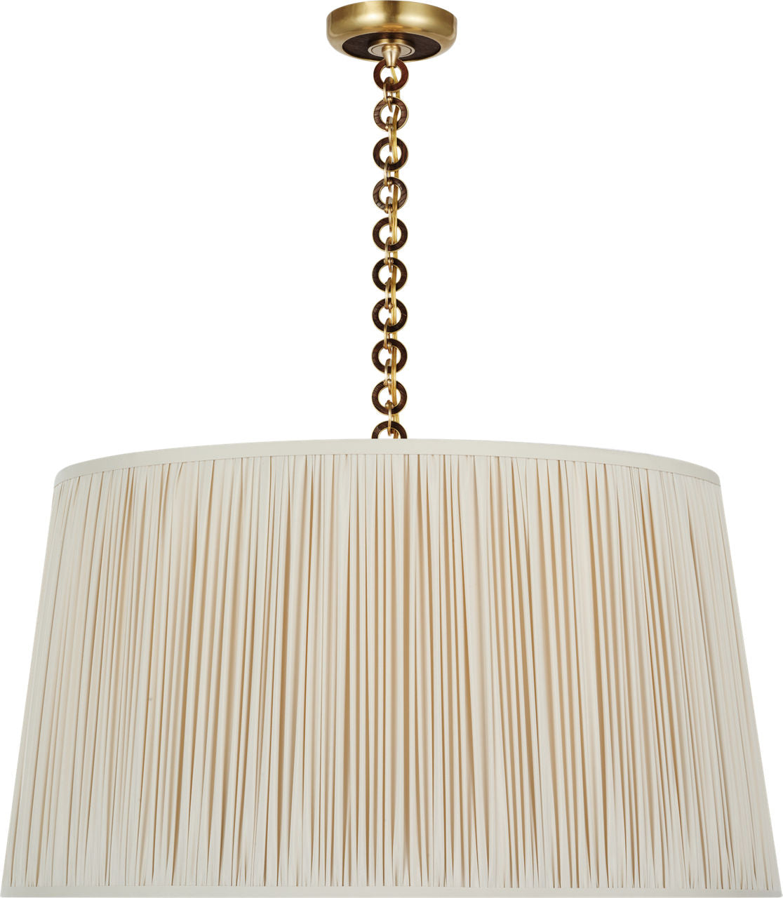 Evelyn 33" Hanging Shade | Hand-Rubbed Antique Brass and Natural Oak | Champagne Silk Pleated Shade