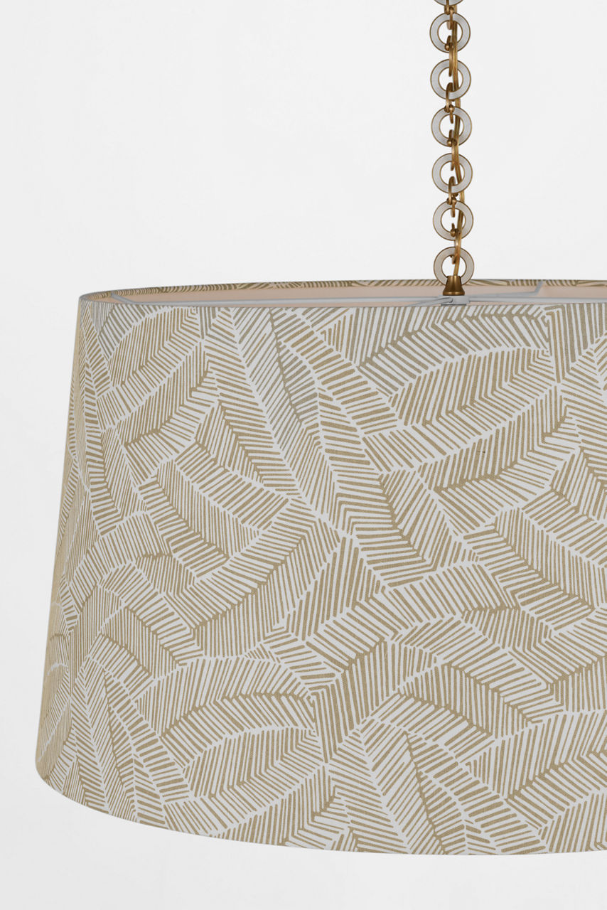 Evelyn 33" Hanging Shade | Hand-Rubbed Antique Brass and White Oak | Schumacher Taupe Abstract Leaf Shade
