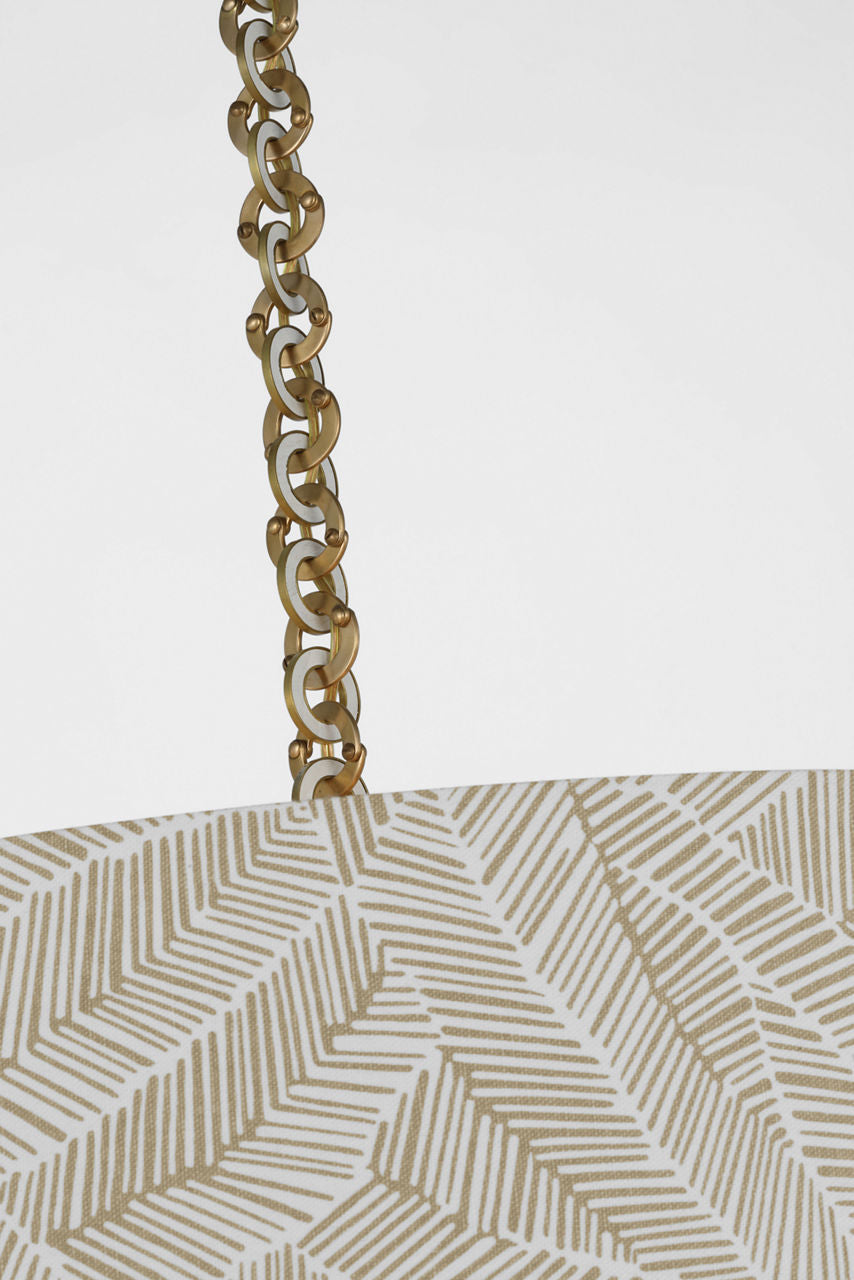 Evelyn 33" Hanging Shade | Hand-Rubbed Antique Brass and White Oak | Schumacher Taupe Abstract Leaf Shade