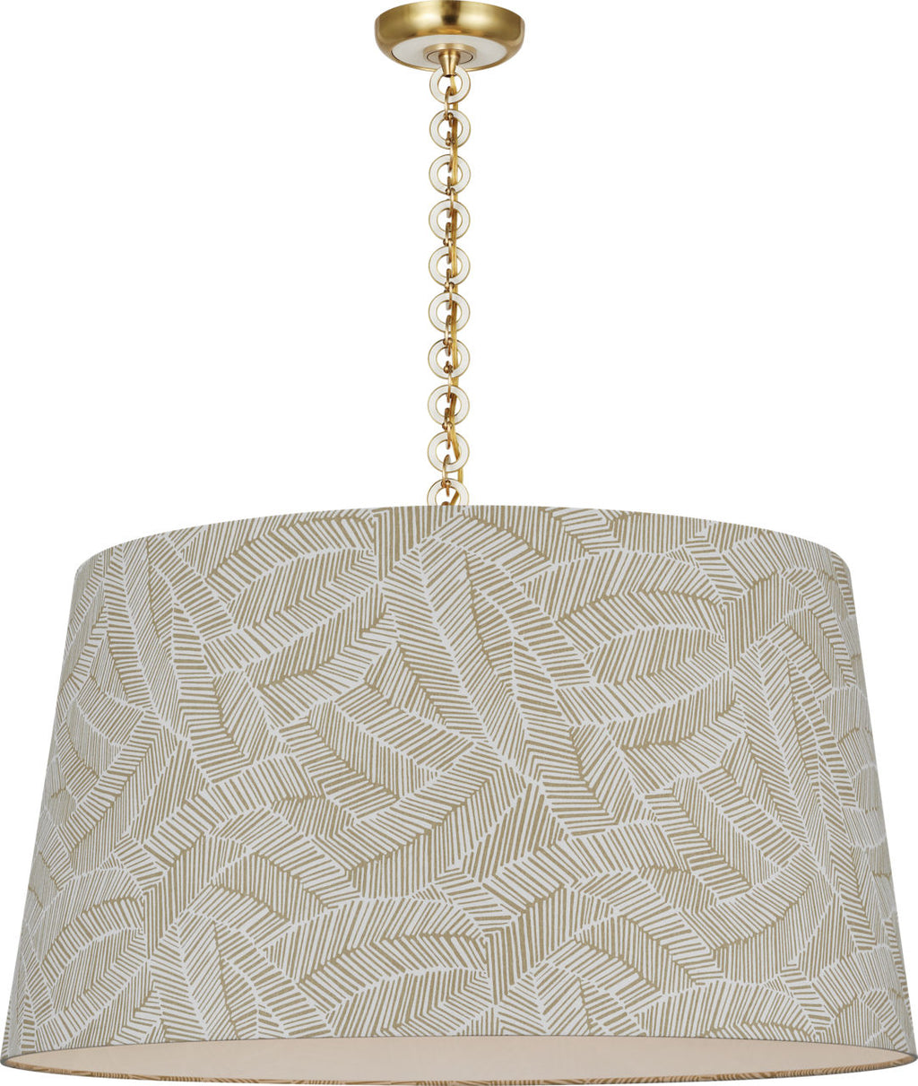 Evelyn 33" Hanging Shade | Hand-Rubbed Antique Brass and White Oak | Schumacher Taupe Abstract Leaf Shade