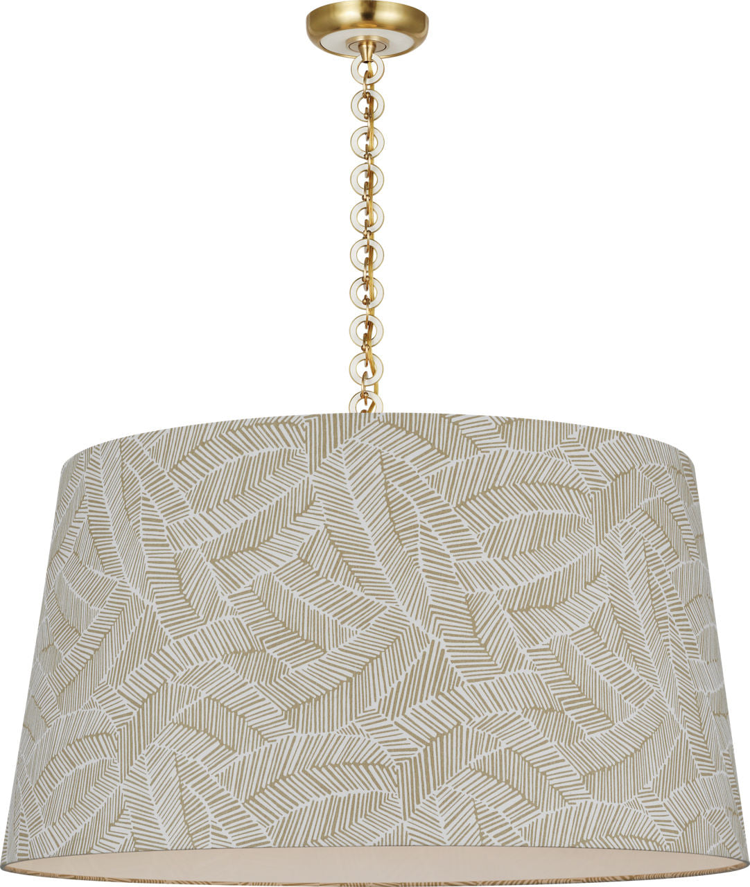 Evelyn 33" Hanging Shade | Hand-Rubbed Antique Brass and White Oak | Schumacher Taupe Abstract Leaf Shade