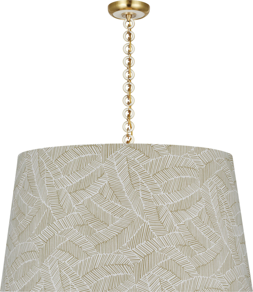 Evelyn 33" Hanging Shade | Hand-Rubbed Antique Brass and White Oak | Schumacher Taupe Abstract Leaf Shade