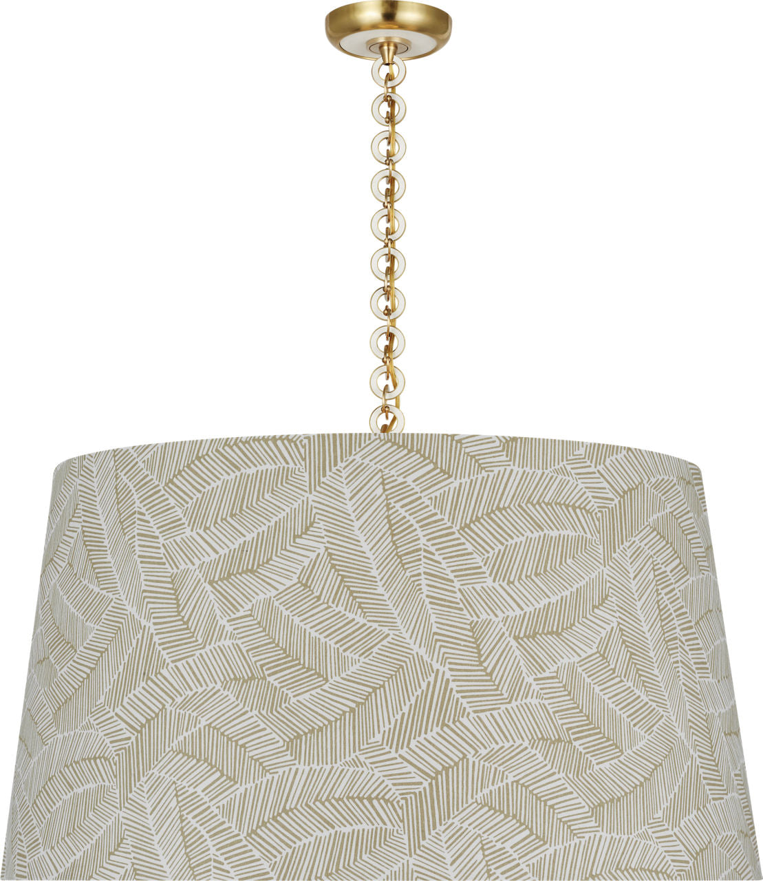Evelyn 33" Hanging Shade | Hand-Rubbed Antique Brass and White Oak | Schumacher Taupe Abstract Leaf Shade