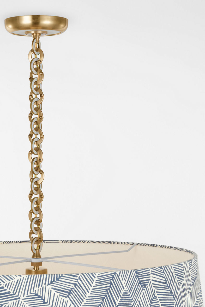 Evelyn 33" Hanging Shade | Hand-Rubbed Antique Brass and White Oak | Schumacher Navy Abstract Leaf Shade