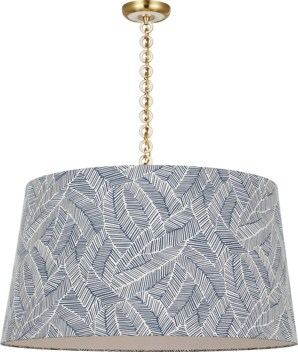 Evelyn 33" Hanging Shade | Hand-Rubbed Antique Brass and White Oak | Schumacher Navy Abstract Leaf Shade