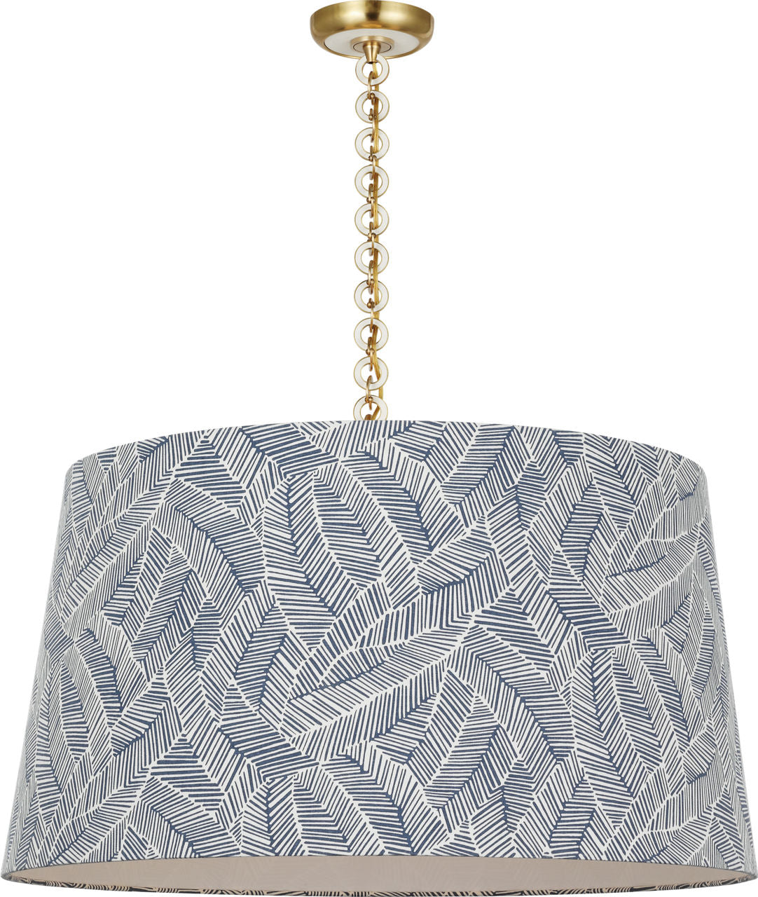 Evelyn 33" Hanging Shade | Hand-Rubbed Antique Brass and White Oak | Schumacher Navy Abstract Leaf Shade