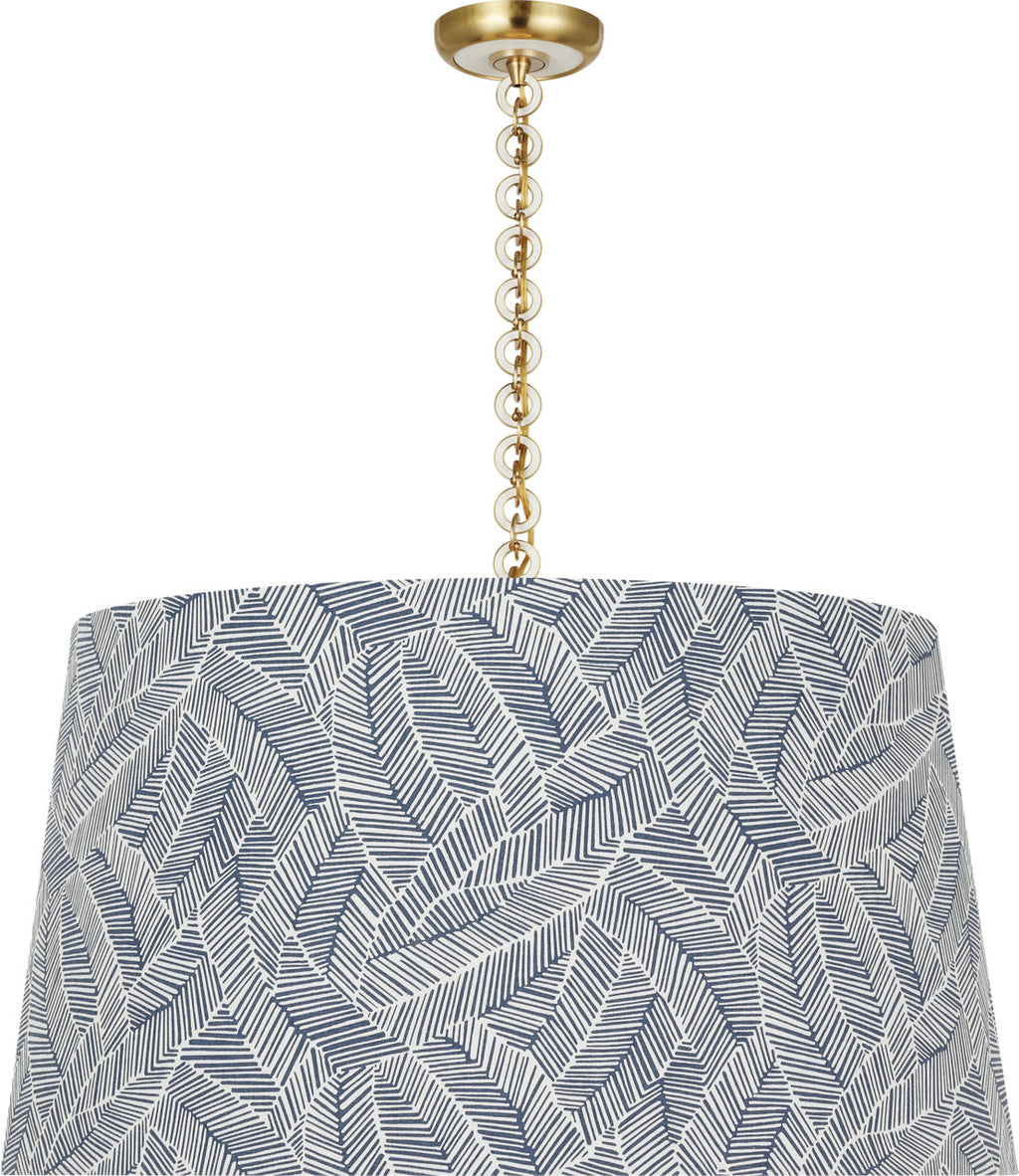 Evelyn 33" Hanging Shade | Hand-Rubbed Antique Brass and White Oak | Schumacher Navy Abstract Leaf Shade
