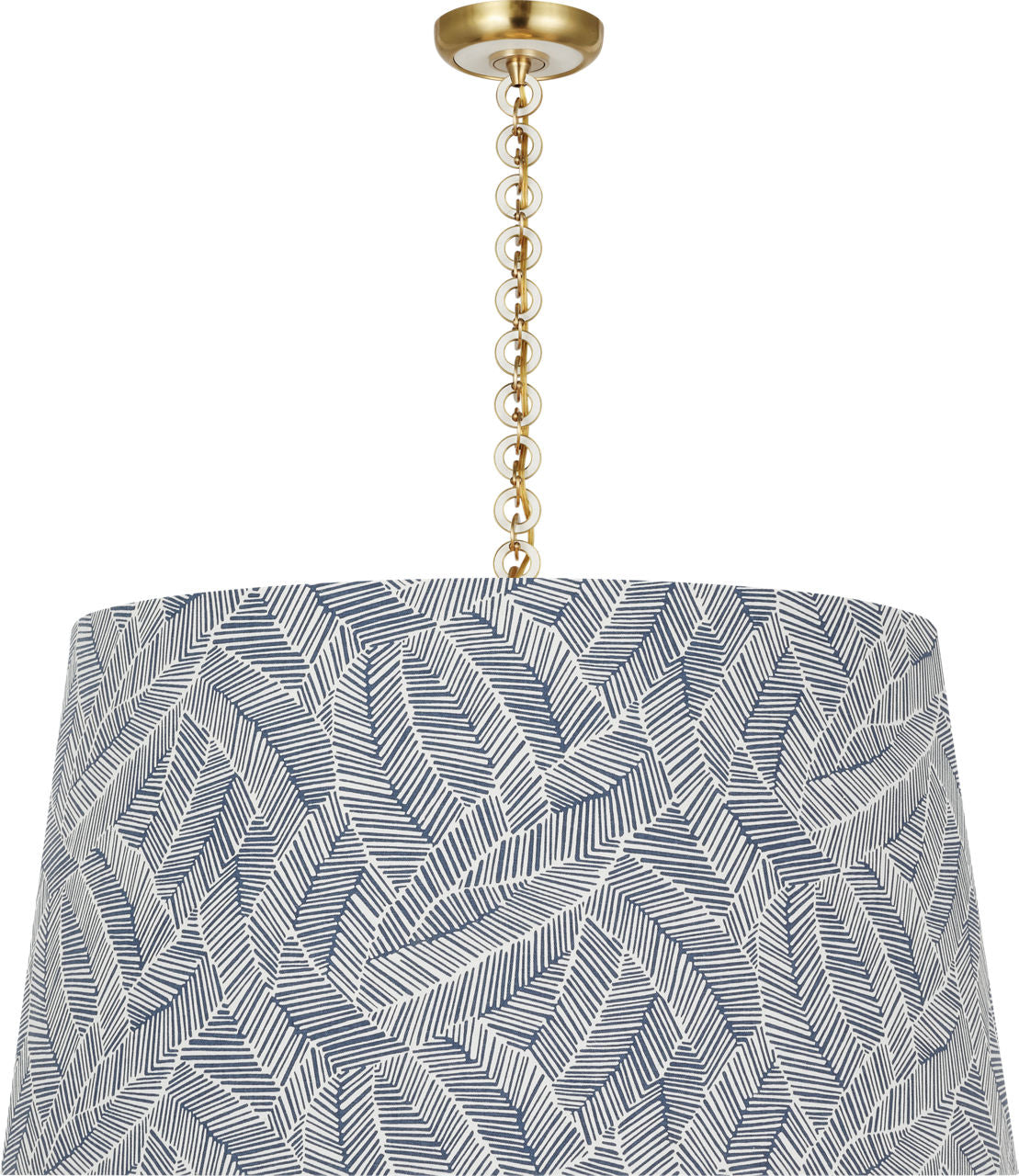 Evelyn 33" Hanging Shade | Hand-Rubbed Antique Brass and White Oak | Schumacher Navy Abstract Leaf Shade