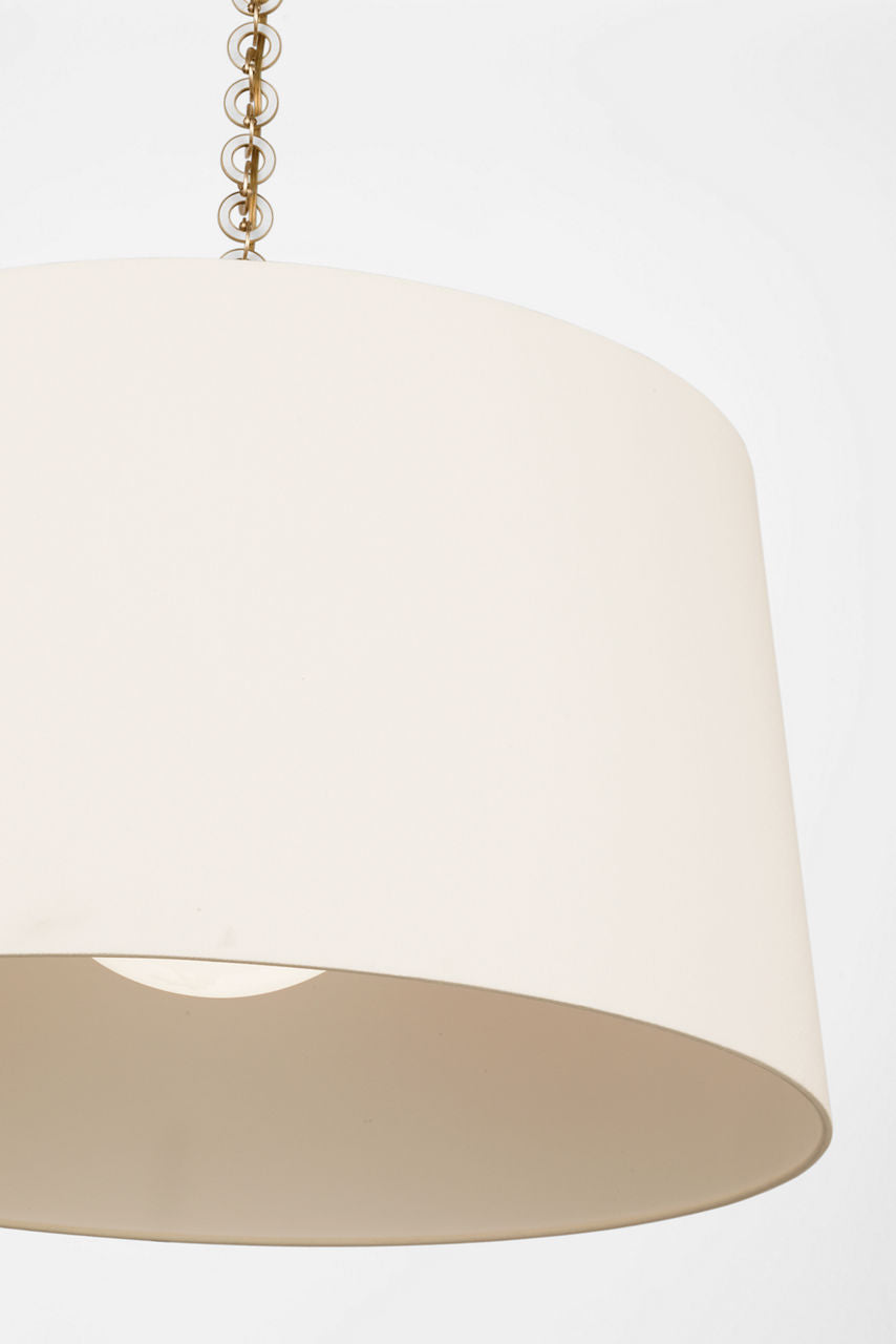 Evelyn 33" Hanging Shade | Hand-Rubbed Antique Brass and White Oak | Linen Shade