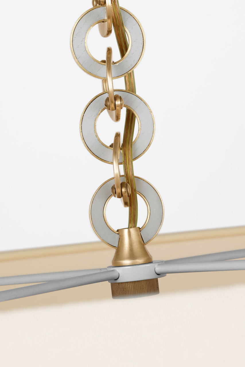 Evelyn 33" Hanging Shade | Hand-Rubbed Antique Brass and White Oak | Linen Shade