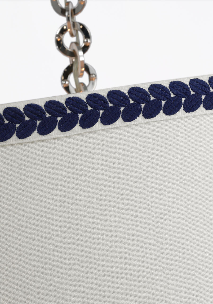 Evelyn 33" Hanging Shade | Hand-Rubbed Antique Brass and White Oak | Linen Shade and Schumacher Blue Berkeley Tape
