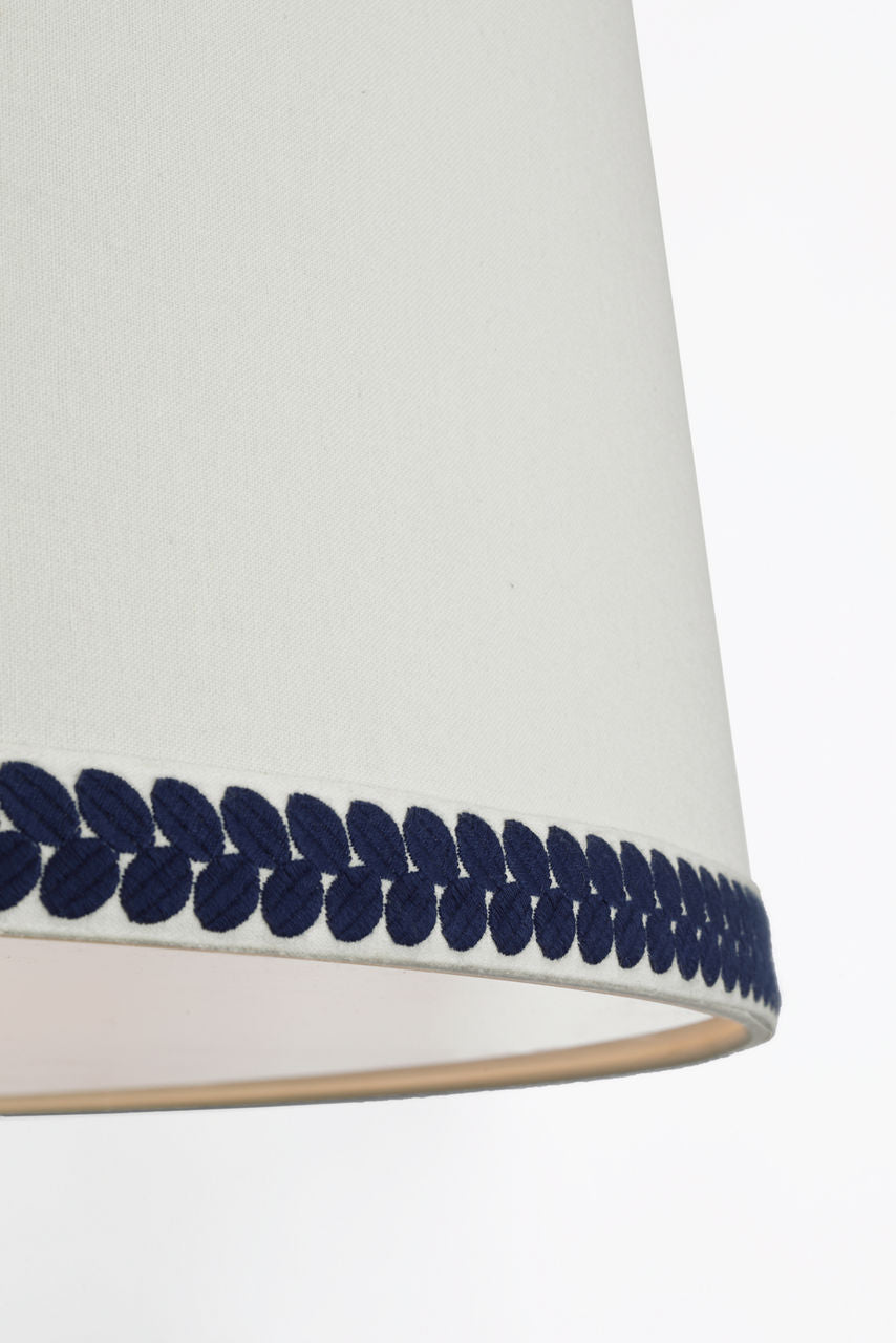 Evelyn 33" Hanging Shade | Hand-Rubbed Antique Brass and White Oak | Linen Shade and Schumacher Blue Berkeley Tape