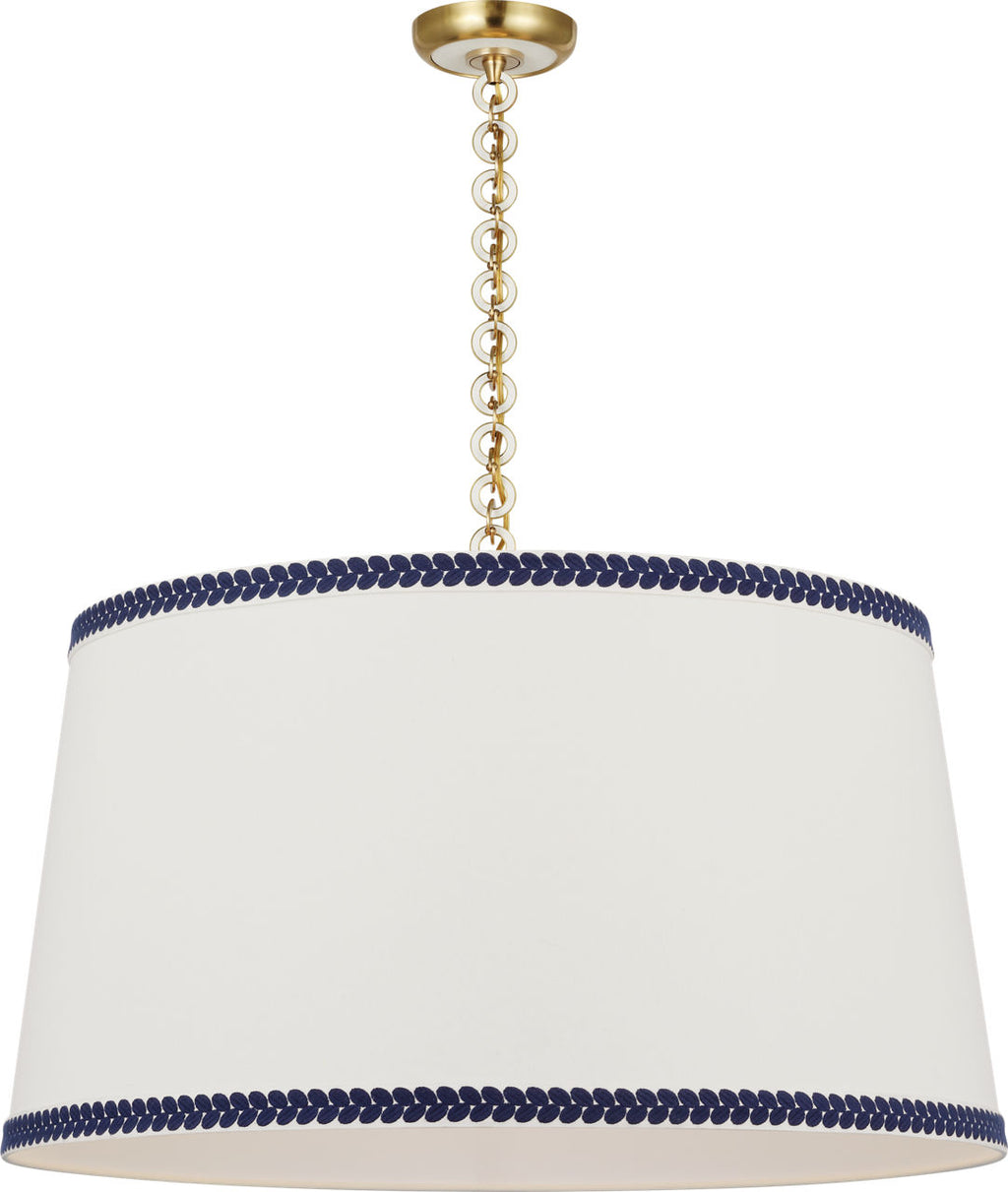 Evelyn 33" Hanging Shade | Hand-Rubbed Antique Brass and White Oak | Linen Shade and Schumacher Blue Berkeley Tape