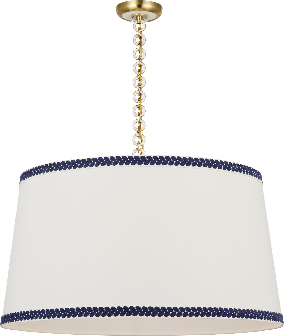 Evelyn 33" Hanging Shade | Hand-Rubbed Antique Brass and White Oak | Linen Shade and Schumacher Blue Berkeley Tape