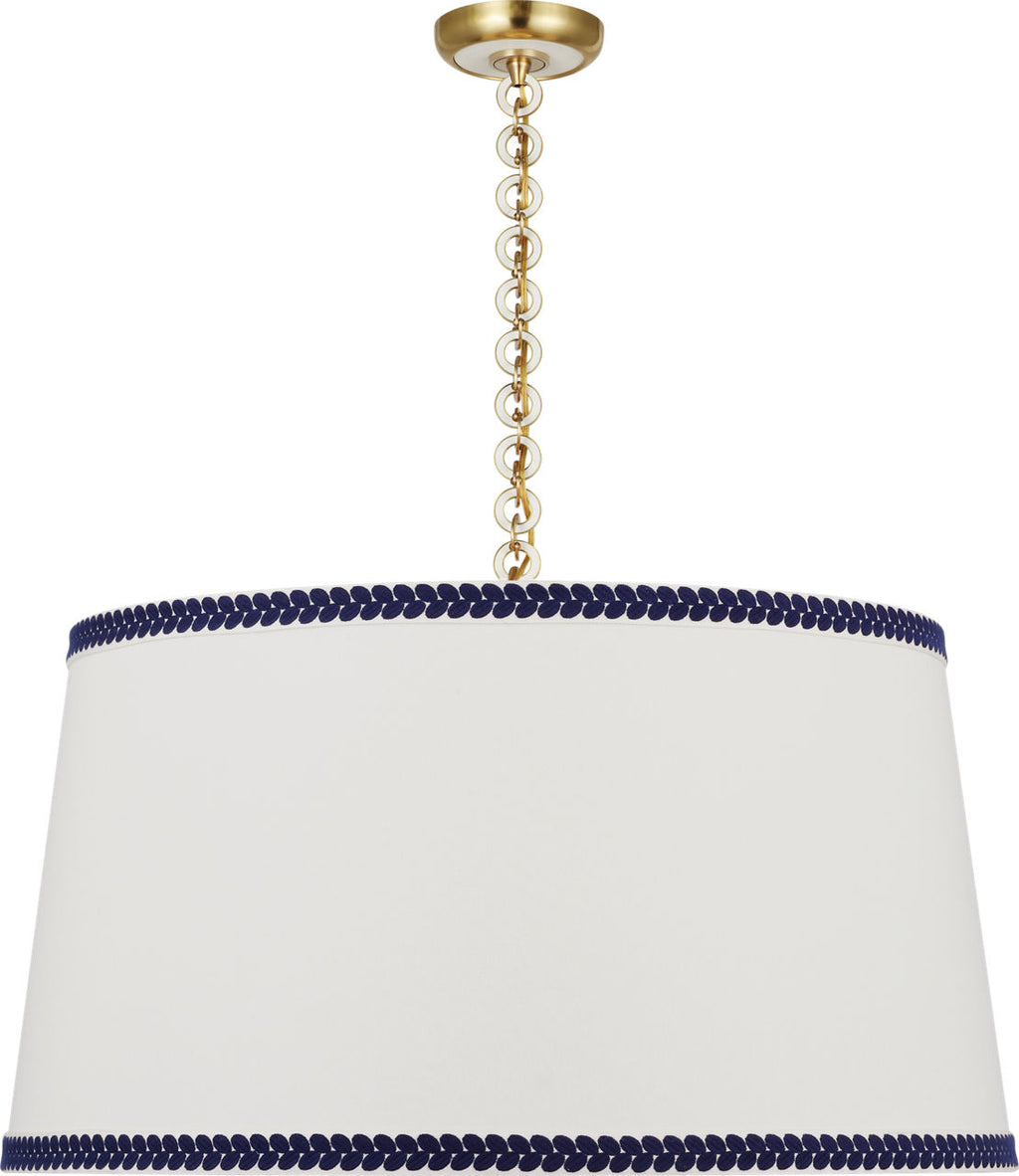 Evelyn 33" Hanging Shade | Hand-Rubbed Antique Brass and White Oak | Linen Shade and Schumacher Blue Berkeley Tape