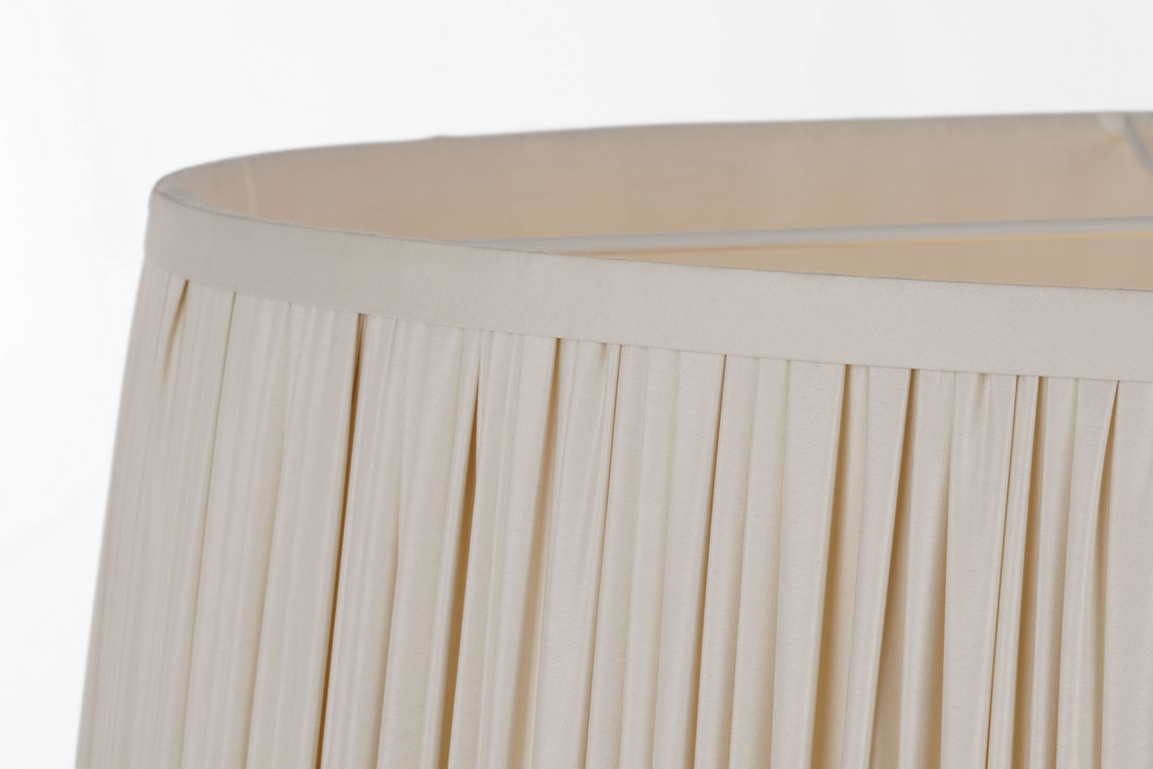 Evelyn 33" Hanging Shade | Hand-Rubbed Antique Brass and White Oak | Champagne Silk Pleated Shade