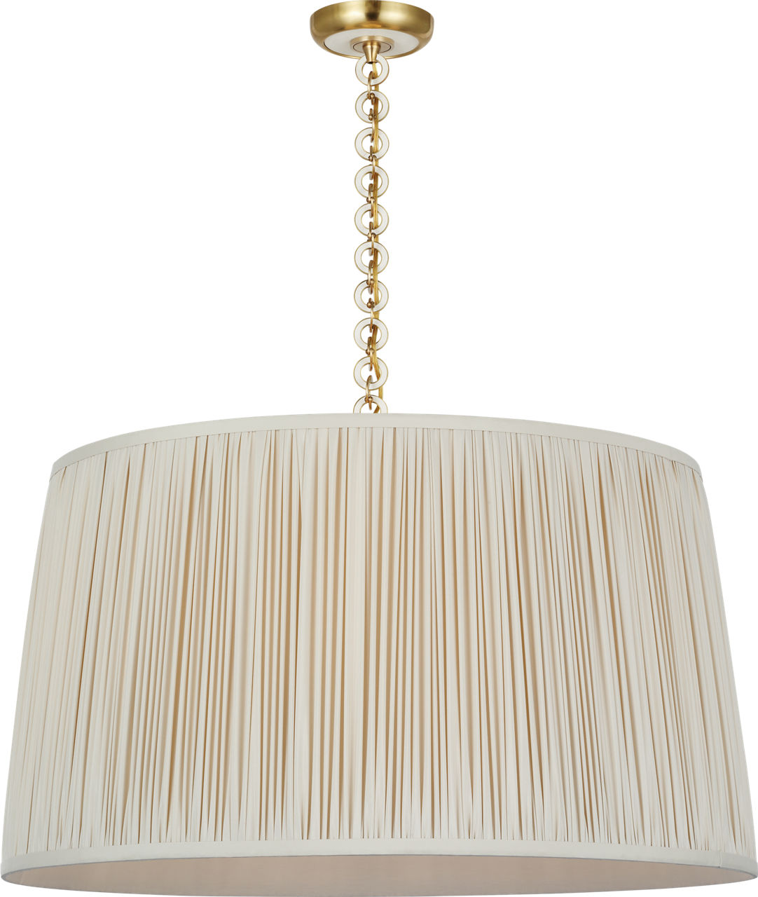 Evelyn 33" Hanging Shade | Hand-Rubbed Antique Brass and White Oak | Champagne Silk Pleated Shade