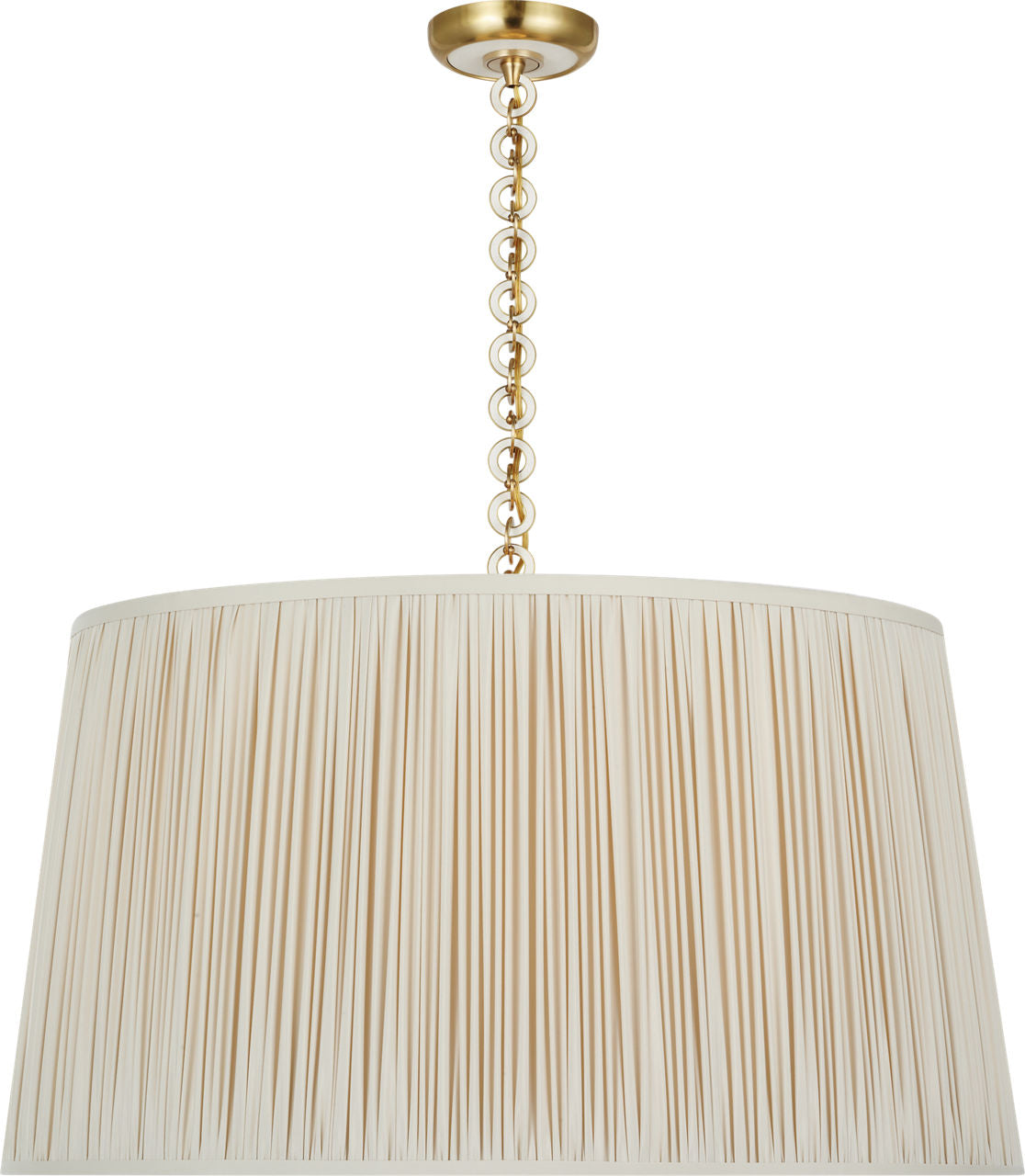 Evelyn 33" Hanging Shade | Hand-Rubbed Antique Brass and White Oak | Champagne Silk Pleated Shade