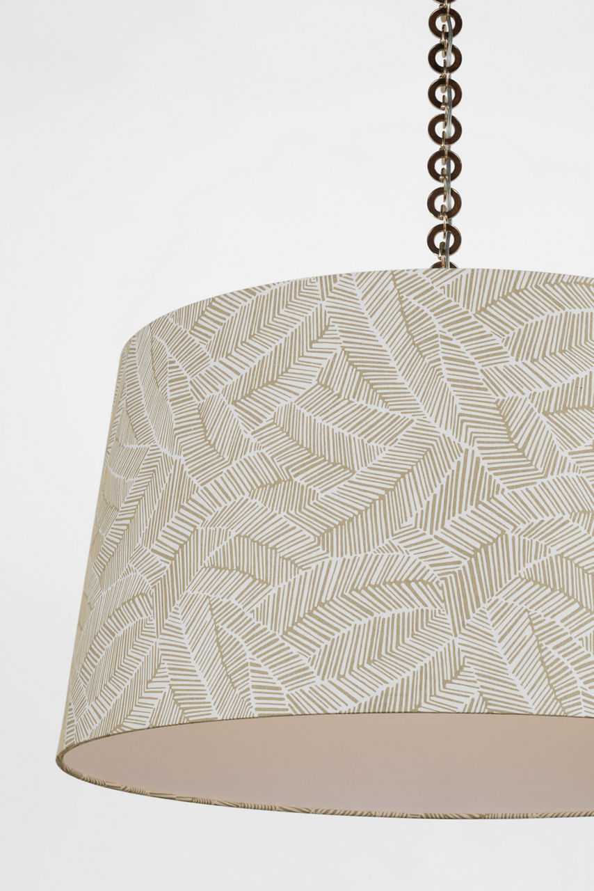 Evelyn 33" Hanging Shade | Polished Nickel and Natural Oak | Schumacher Taupe Abstract Leaf Shade